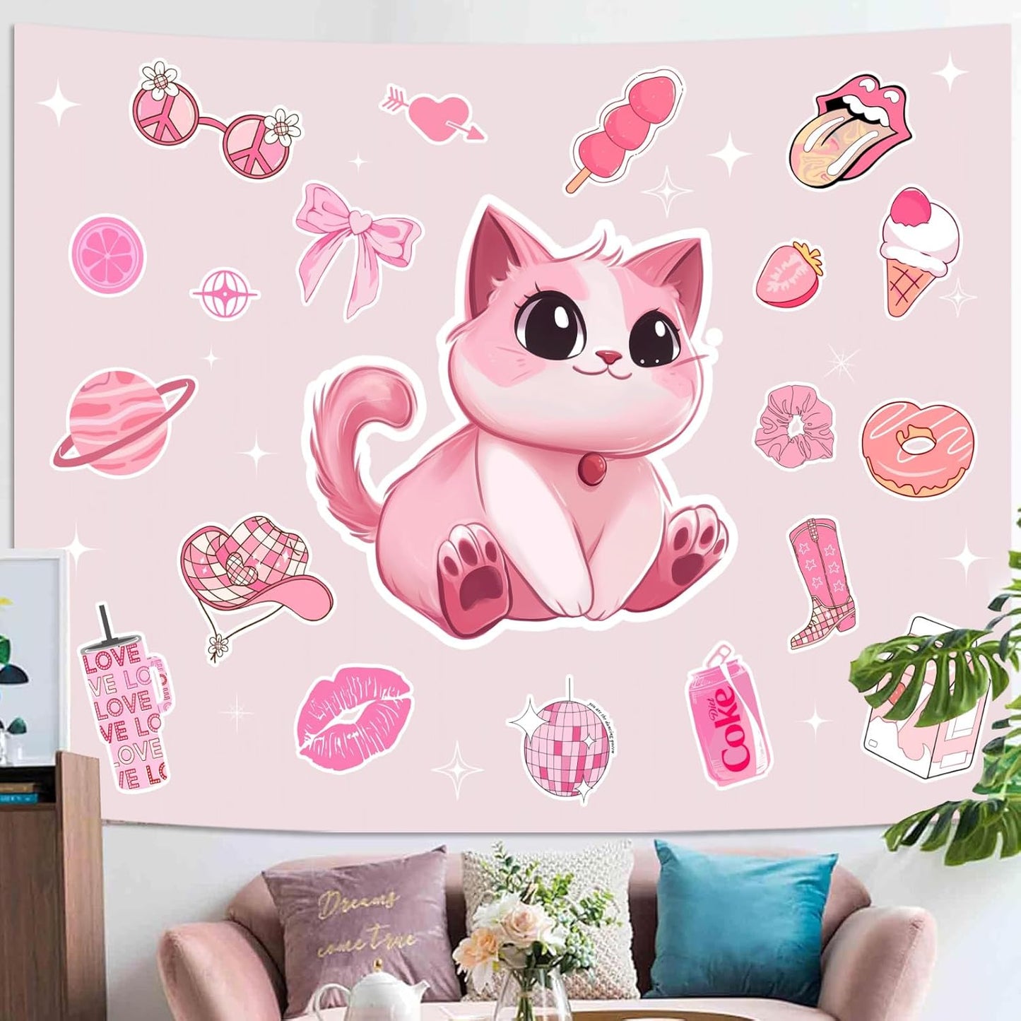 Lunerfex Y2K Tapestry Pink Cat Wall Tapestry, Cute Tapestries for Bedroom Funny Tapestries Wall Hanging for Bedroom Living Room Decor Pink-5 44"x60"