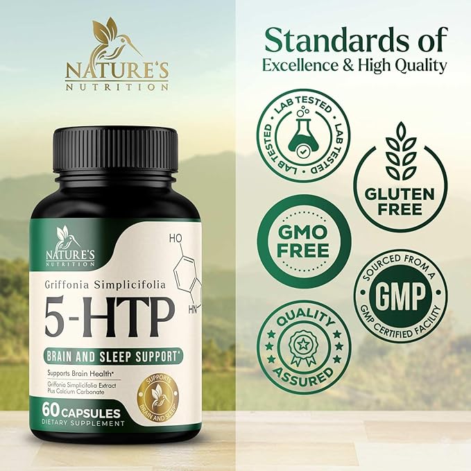 5 HTP Supplement Vegetarian Capsules 200mg 5HTP Plus Calcium for Brain Support - Extra Strength Griffonia Simplicifolia 5-HTP Formula - 5 Hydroxytryptophan - Gluten Free & Non-GMO - 60 Capsules