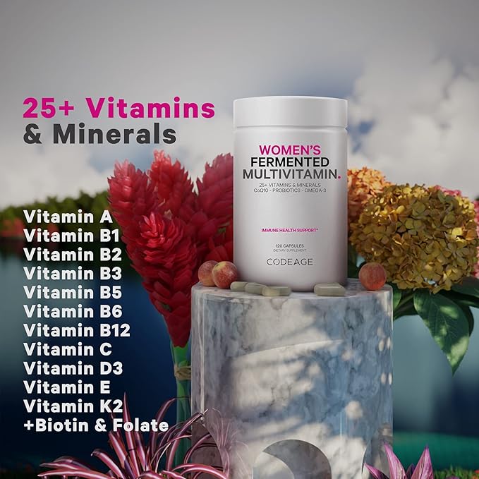 Codeage Women’s Daily Multivitamin, 25+ Vitamins & Minerals, Fermented, Organic Whole Foods, Probiotics Supplement - Vitamin A, Vitamin B, Vitamins C, D, E & K, Omega 3, Zinc – Vegan - 120 Capsules