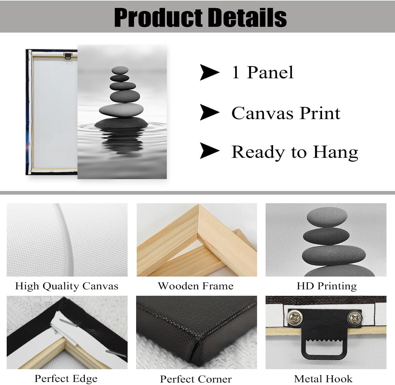 DOARTDO Zen Picture Wall Decor Black and White Zen Stone Canvas Wall Art Spa Stone Picture Print Bathroom Yoga Room Decor Frame (16.00" x 24.00", Zen Stone - 2)