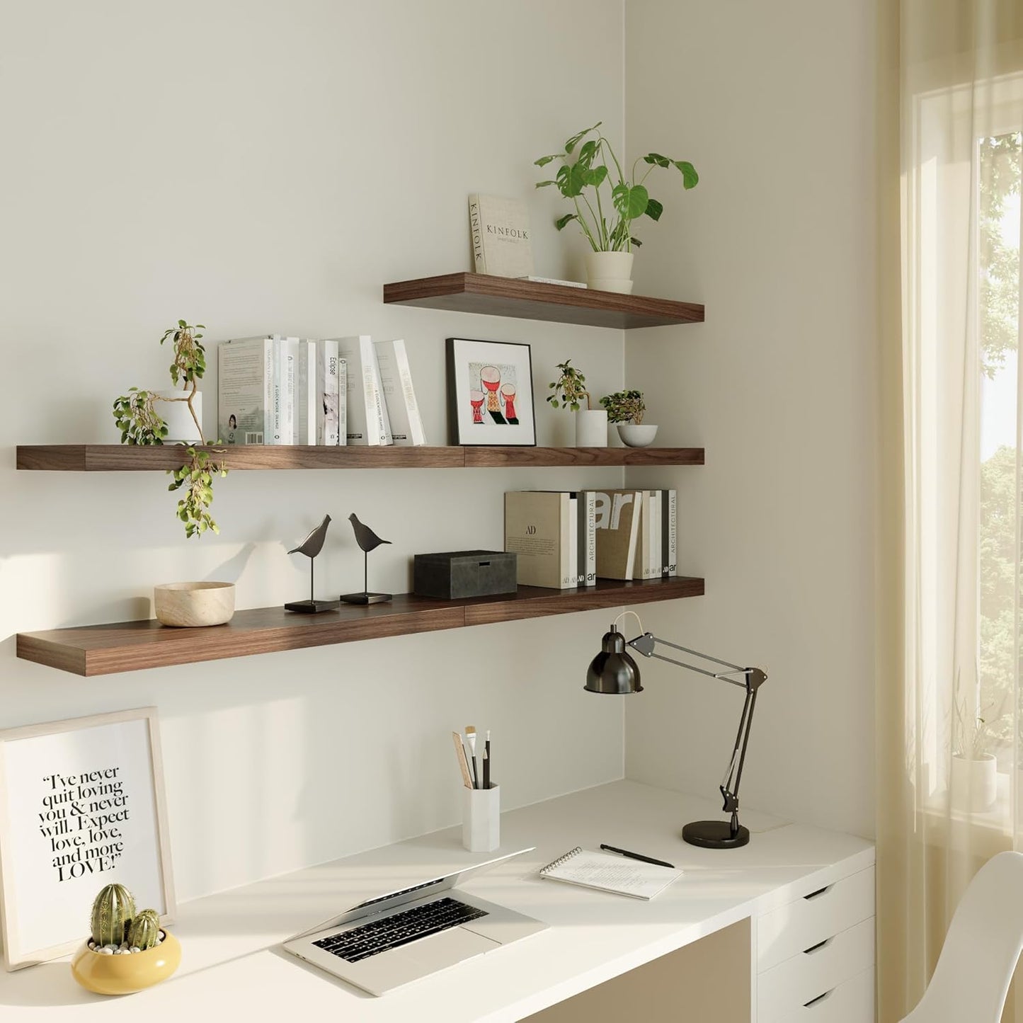 Large Floating Shelves for Wall Set of 3 Wooden Wall Shelves 30 in x 12.75 in x 2 in Room Decor Long Shelf with Invisible Wall Mount Bracket for Bedroom Kitchen Living Room Walnut