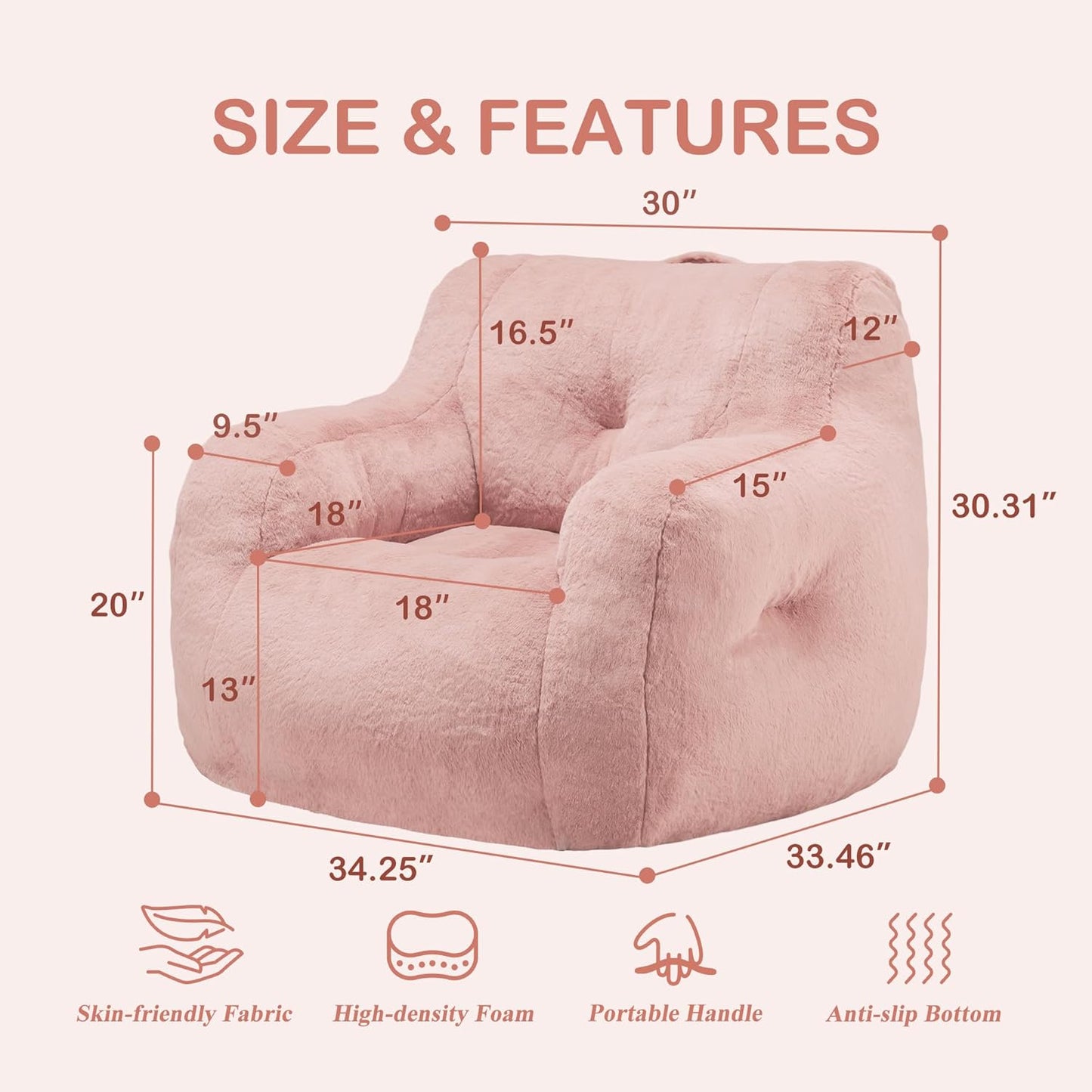 Hobestluk Bean Bag Chair for Adult Small Bean Bag Chairs with Arms Furry Beanbag Chair with Foam Filler Stuffed Bean Bag Sofa for Reading in Bedroom Living Room and Dorms(Pink)