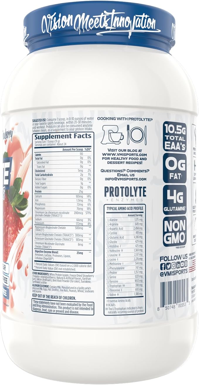 VMI Sports | Protolyte Whey Isolate Protein Powder | Low-Calorie Whey Protein Powder for Weight Loss | Protein Powder for Muscle Gain | Non-GMO (Strawberry Milkshake, 1.6 Pounds)