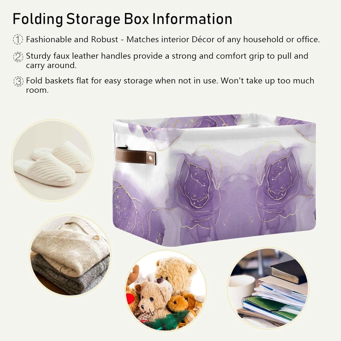 susiyo Large Foldable Storage Bin Closet Storage Baskets for Shelves Storage Bins for Organizing Shelf Nursery Toys, Decorative Linen Fabric Bins Cube with PU Handles 1 Pack,Purple Rose