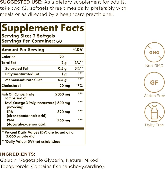 SOLGAR Omega-3 Fish Oil Concentrate 120 Softgels 60 Servings