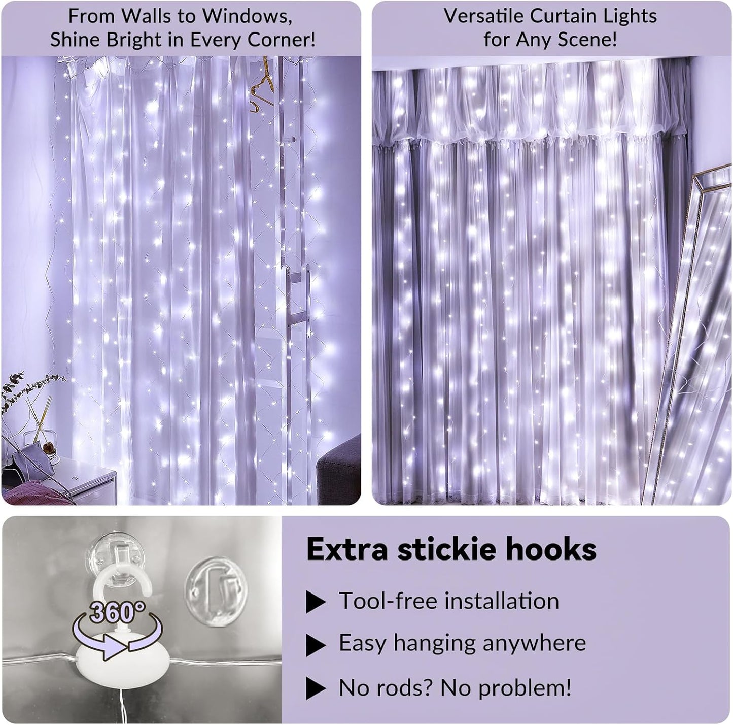 HXWEIYE 300LED Fairy Curtain Light (Upgrade Two Kinds of Light Clips) with Remote 8 Modes Times,9.8x9.8Ft White USB Plug-in Christmas Hanging String Light for Bedroom, Parties, Walls, Windows