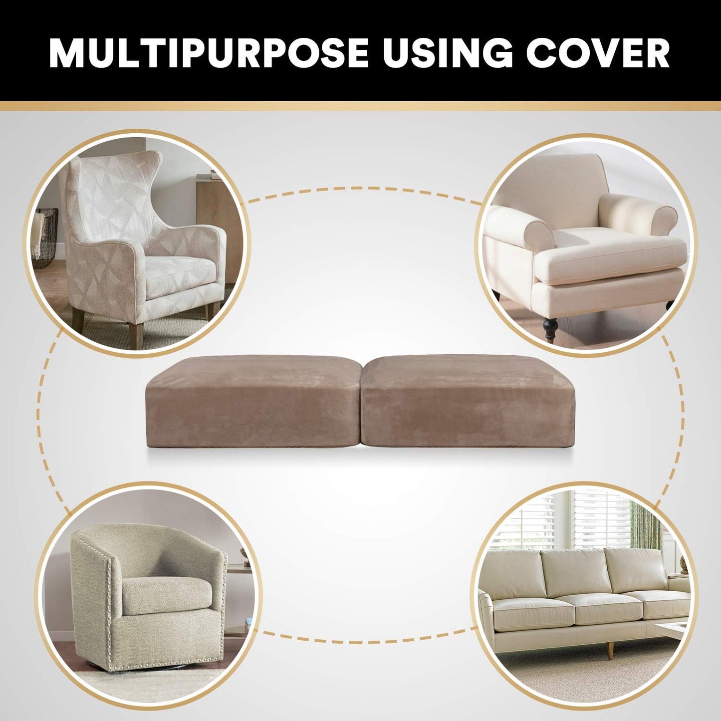 PrinceDeco Velvet Sofa Cushion Covers, Stretch Couch Cushion Covers for Individual Seat Couch Slipcover Sets Furniture Protector for Loveseat Sofa Cushion Width Up to 29.5", Taupe