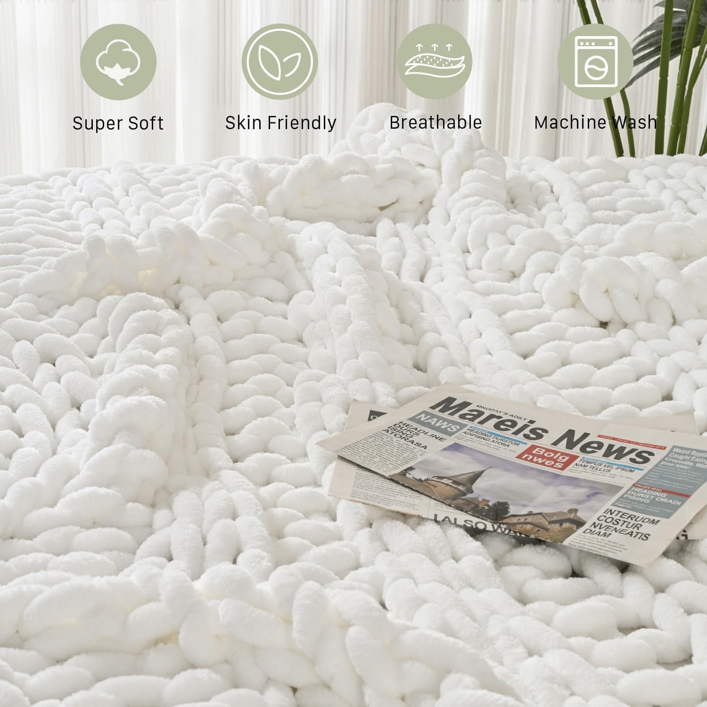Esterra Chunky Knit Blanket Throw, 100% Handmade Chenille Throw Blanket 60"x80", Soft Thick Yarn Cable Knit Crochet Throw Blanket Rope Knot Throw for Couch Bed Sofa, Bright White