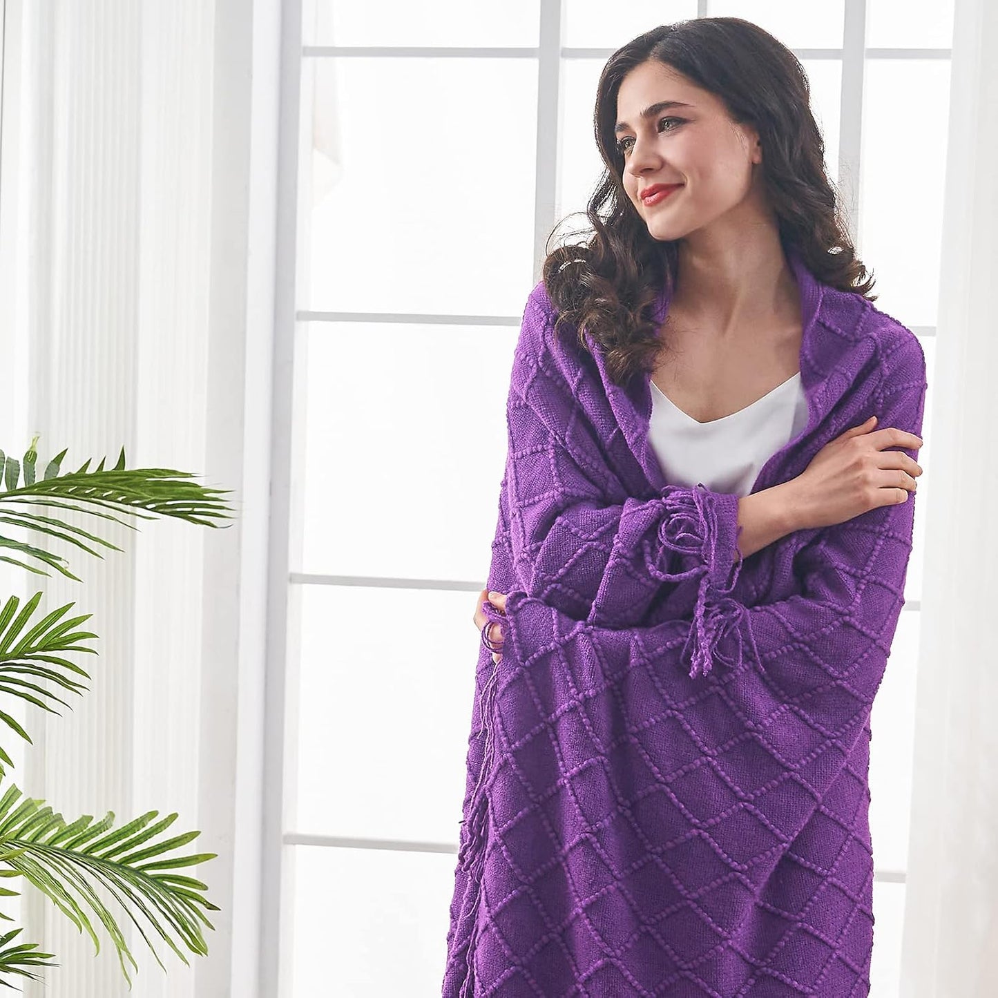 inhand Valentine's Day Gifts Throw Blanket Purple for Couch, Soft Living Room Home Decor Twin Size Knitted Blanket, Outdoor Lightweight Breathable Summer Blanket, Farmhouse Woven Decorative, 60"x80"