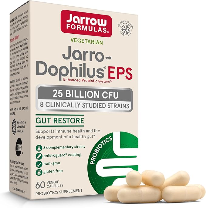 Jarrow Formulas Jarro-Dophilus EPS Gut Restore 25 Billion 8 Clinically-Studied 60 Veggie 60 Day 12 Packs