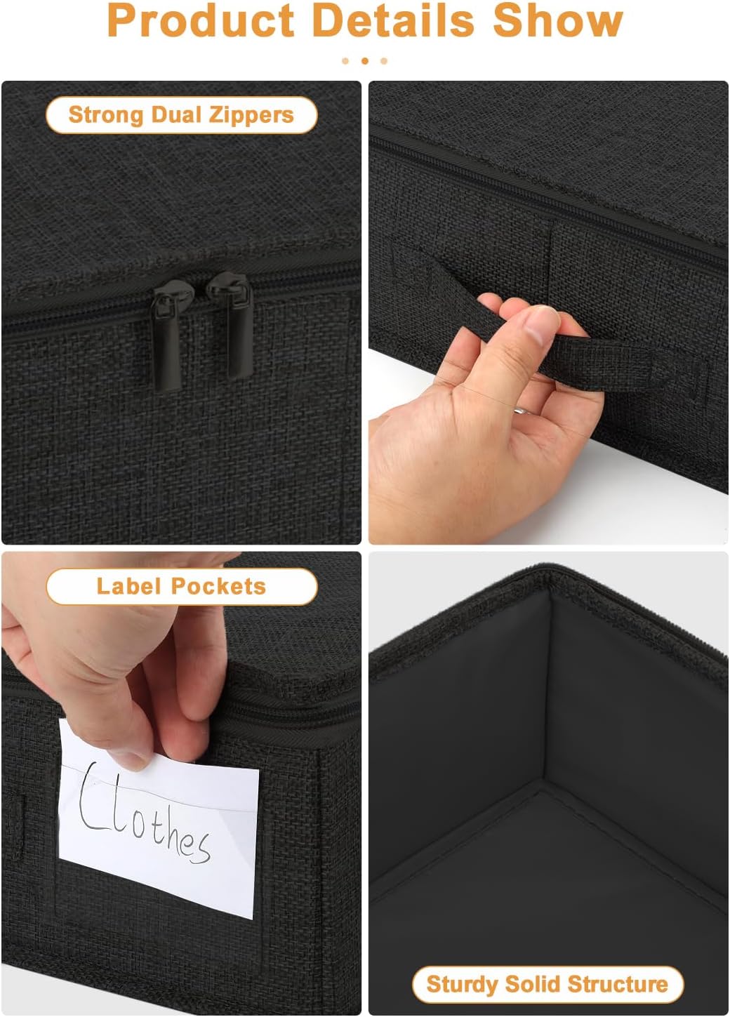 punemi Shallow Under bed Storage Container Bags, Low Profile Underbed Zipper Storage Bins W/Sturdy Side & Bottom Support,Fabric Thin Storage Drawer For College Dorm,33.5 x 15.8 x 4.5inch Black,4 Pack