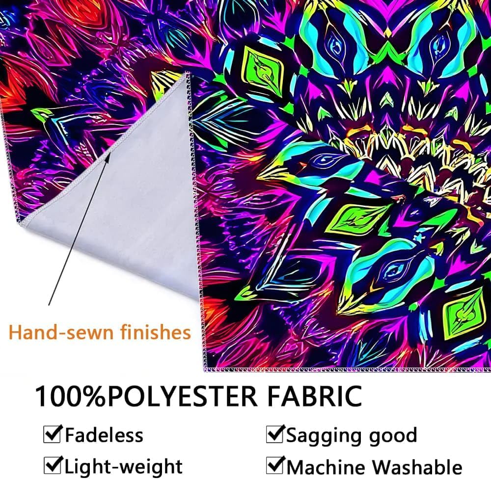 Blacklight Mandala Tapestry for Bedroom, XL Black Light Posters for Adults and Teens, Colorful UV Reactive Aesthetic Bohemian Wall Art Decor (90 x 70 Inches)