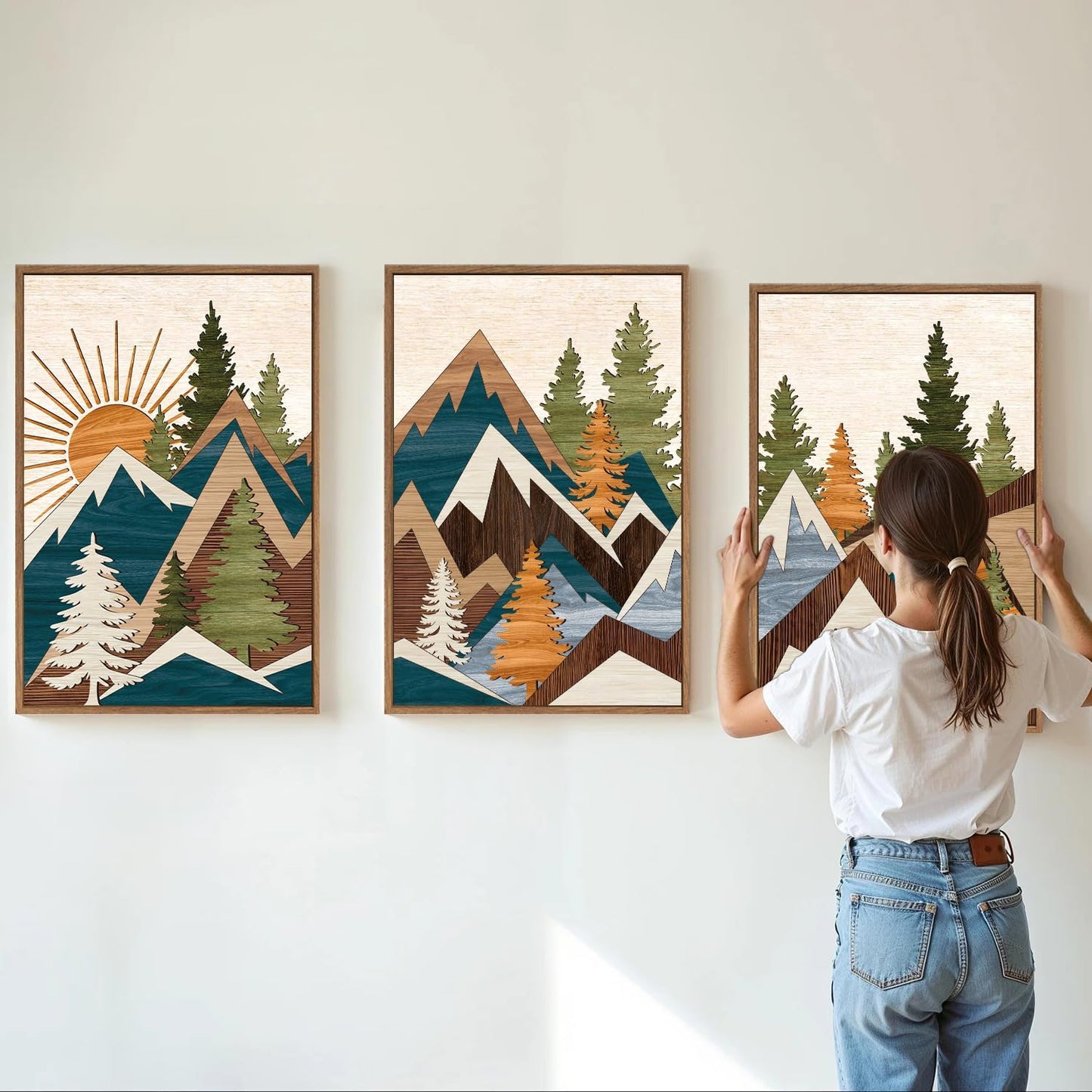 Tinonedraw Large Metal Mountain Framed Canvas Wall Art, Boho Rustic Sunrise Forest Wall Decor, 3 Piece Modern Nature Artwork, Vintage Wilderness Art Print for Living Room Bedroom Office 24"x36"x3