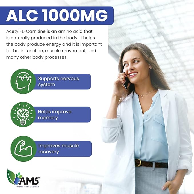 America Medic & Science Acetyl L-Carnitine 1000mg (60 Tablets) | Dietary Supplement for Men and Women | Promotes Energy Production | Supports Brain Health | Helps Improve Memory and Focus