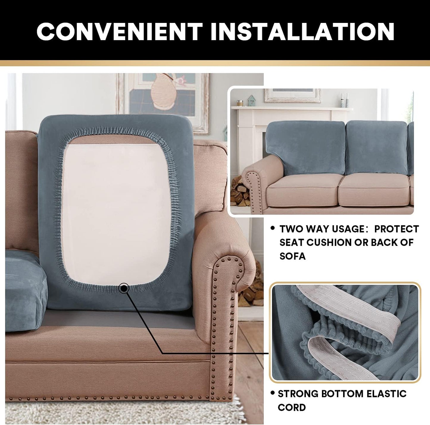 PrinceDeco Velvet Stretch Couch Cushion Cover Soft Cushion Slipcover for Chair Loveseat Sofa Furniture Protector Seat Cushion Sofa Cover (Each Width Up to 29.5", Stone Blue)