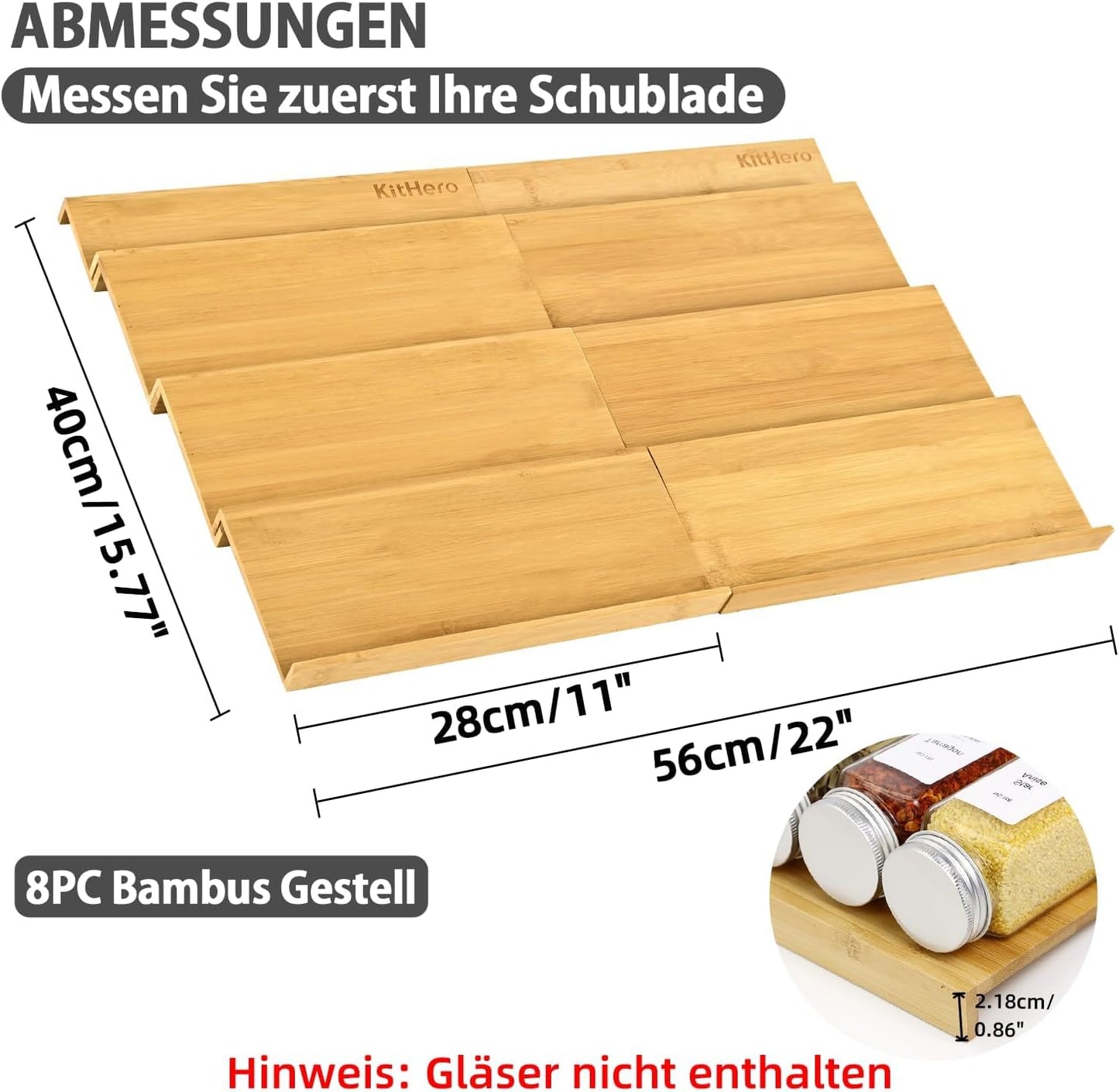 Spice Drawer Organzier,4 Tiers- 8Pcs Bamboo Spice Rack Tray Insert for Cabinet Drawer Countertop, Kitchen Seasoning Storage Drawer Organization,22" Wide x 15.8" Deep (Hold UP To 48 Jars