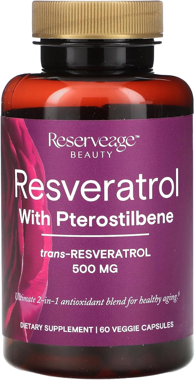 Reserveage Beauty, Resveratrol 500 mg with Pterostilbene, Antioxidant Supplement for Immune Support & Heart Health, Supports Healthy Aging, Paleo, Keto, 60 Capsules (60 Servings)