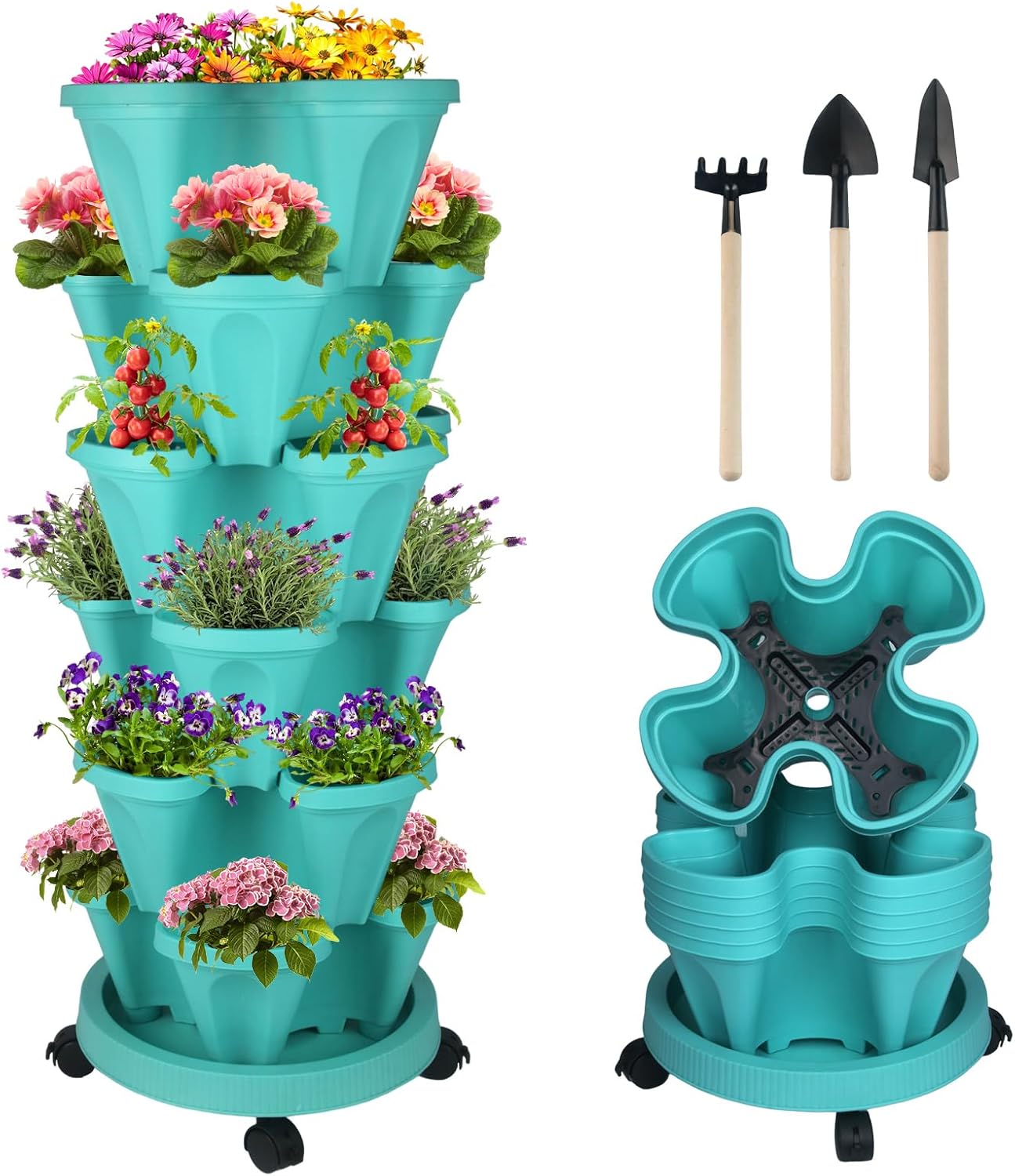 DUNCHATY Stackable Planter, Vertical Garden Planter with Wheels and Tools, Self Watering Strawberry Planter Indoor/Outdoor 6 Tier Herb Planter Pots for Growing Vegetables and Succulents, Teal