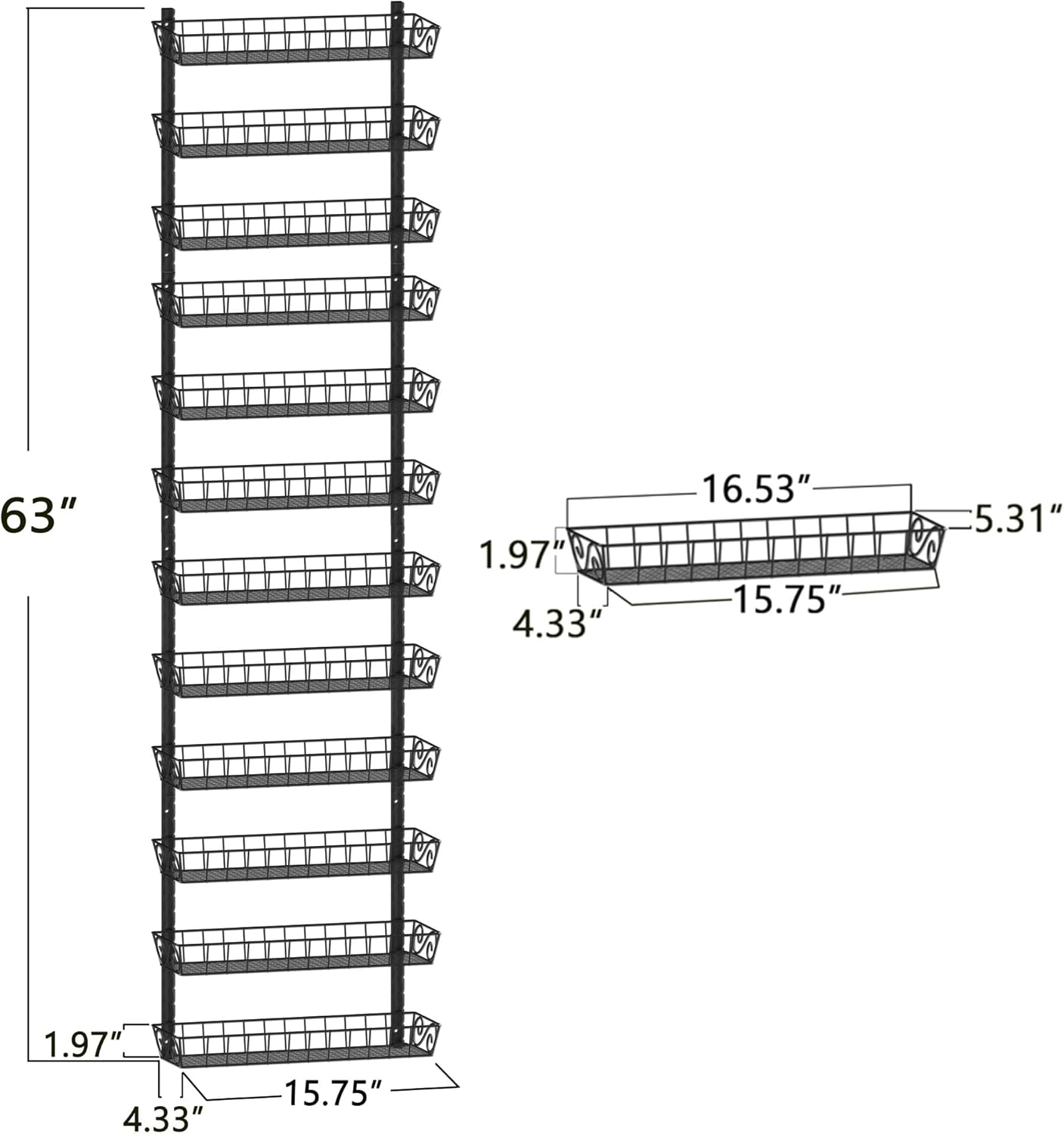 SWOMMOLY Adjustable Wall Mount Spice Rack Organizer, 12-Tier Dual-use (Multi-use) Hanging Spice Shelf Storage for Kitchen Pantry Cabinet Door, Seasoning Holder Organizer, Black
