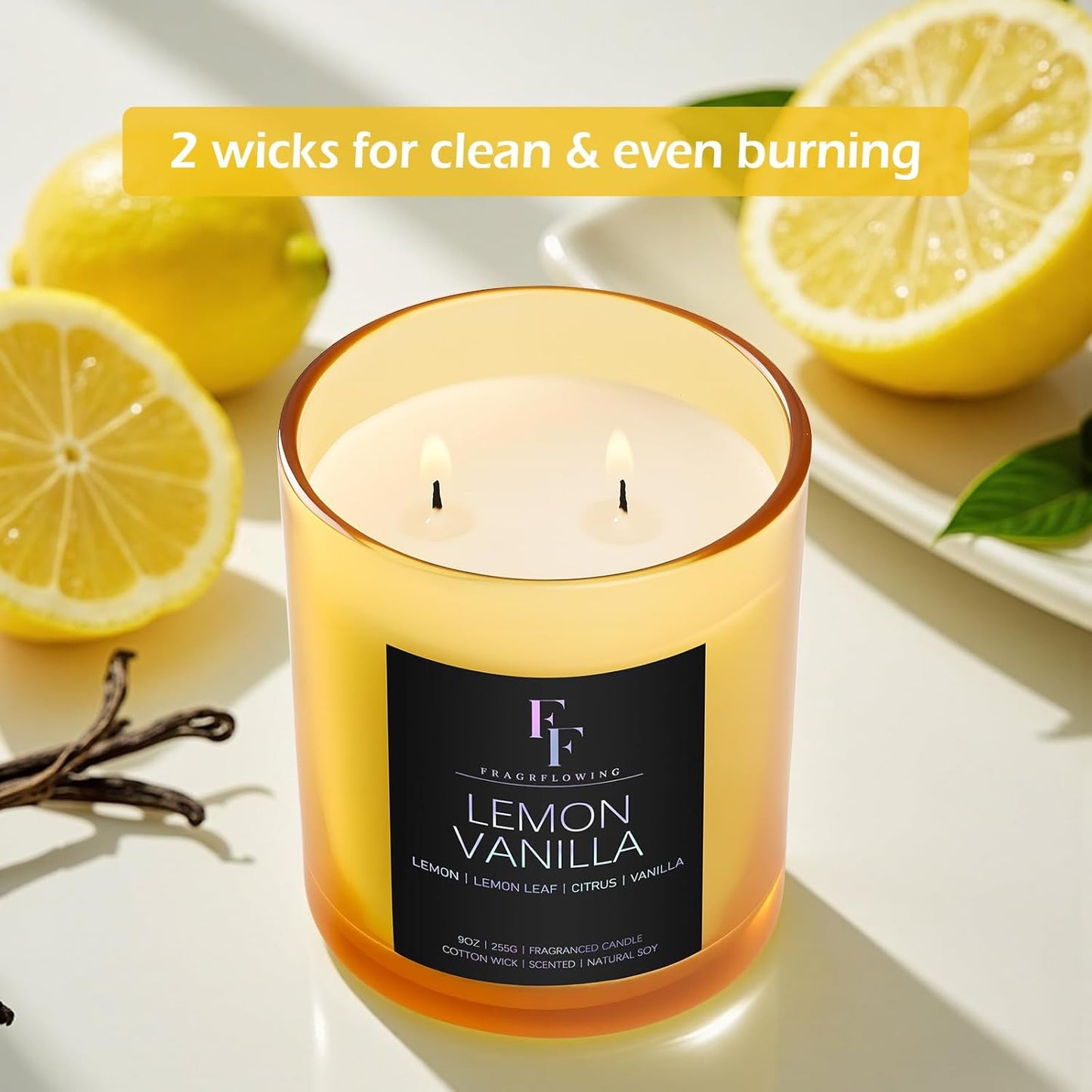 Lemon Vanilla Scented Candle, 2-Wick Luxury Soy Wax Candle, 9 oz Aromatherapy Candle Home Fragrance Candles Gift