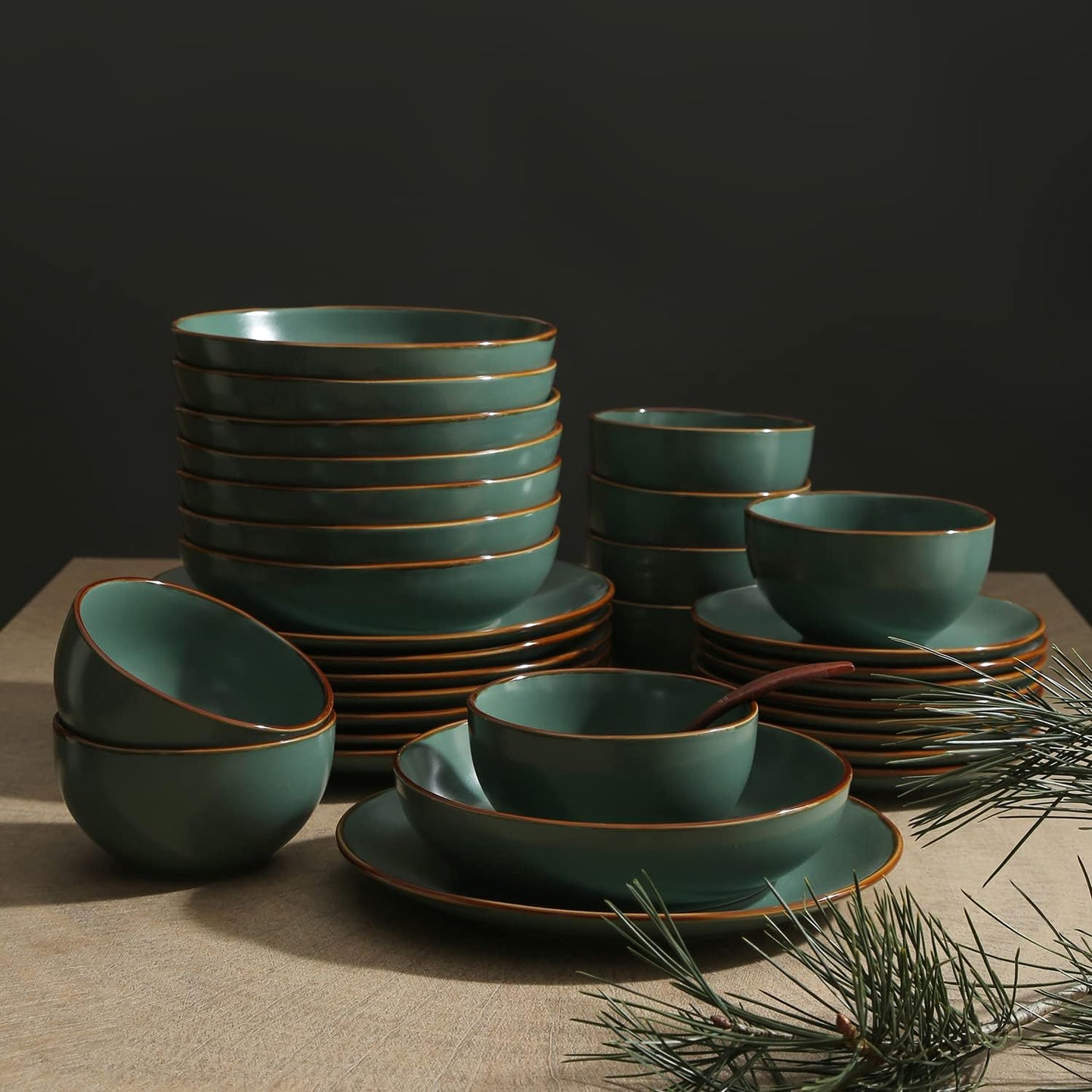 Stone Lain Brasa Modern Stoneware 32 Piece Dinnerware Sets, Plates and bowls Sets, Dish Set for 8, Green