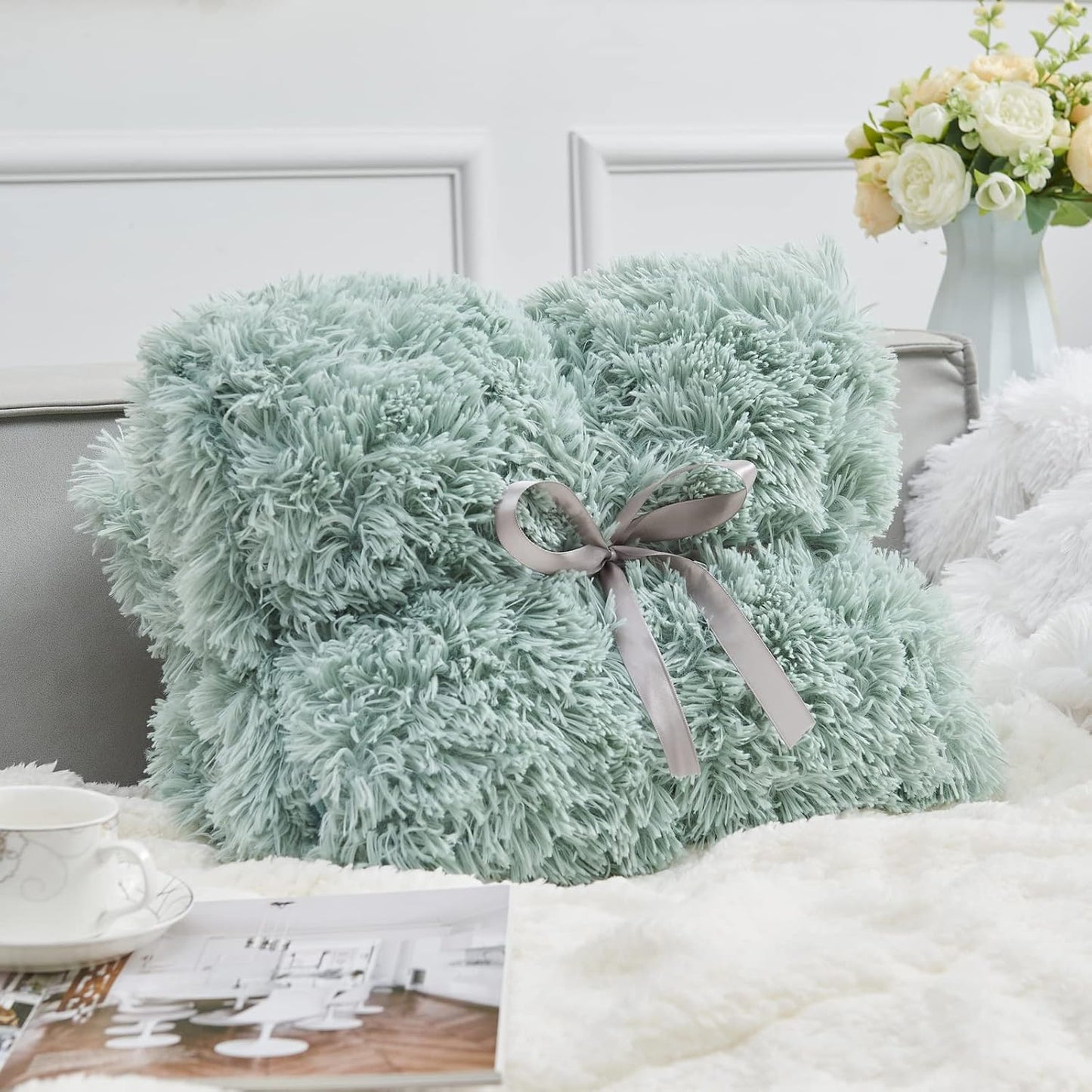 GONAAP Fuzzy Faux Fur Throw Blanket Twin Size Ice Blue Super Soft Cozy Plush Fuzzy Shaggy Blanket for Couch Sofa Bed (Ice Blue, Twin(60"x80"))