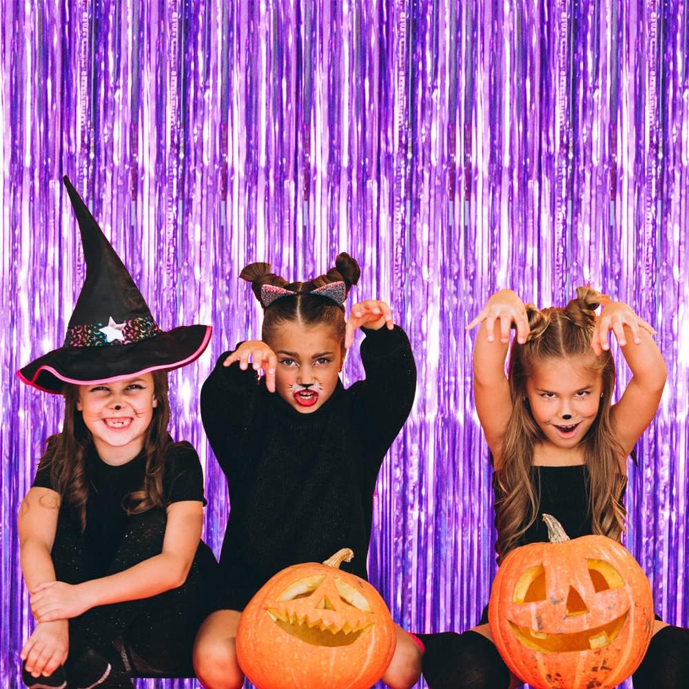 GOER 6.4 ft x 8.2 ft Metallic Tinsel Foil Fringe Curtains,Pack of 2 Party Streamer Backdrop for Halloween Birthday,Graduation and New Year Eve Party Decorations (Purple)