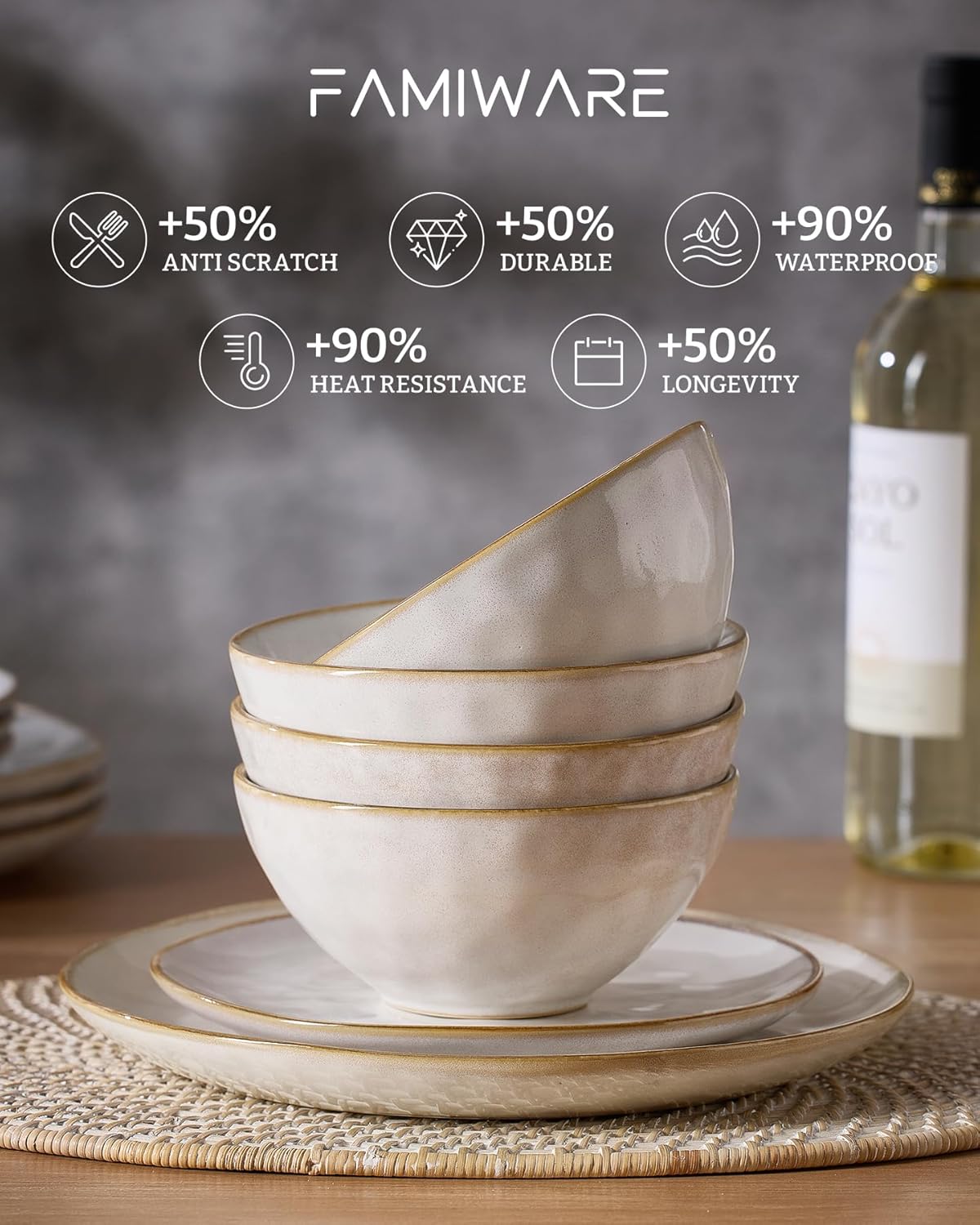 Famiware Dinnerware Sets for 4, Ocean Round 12-Piece Kitchen Plates and Bowls Sets, Reactive Glaze, Microwave and Dishwasher Safe, Scratch Resistant, Cappuccino White