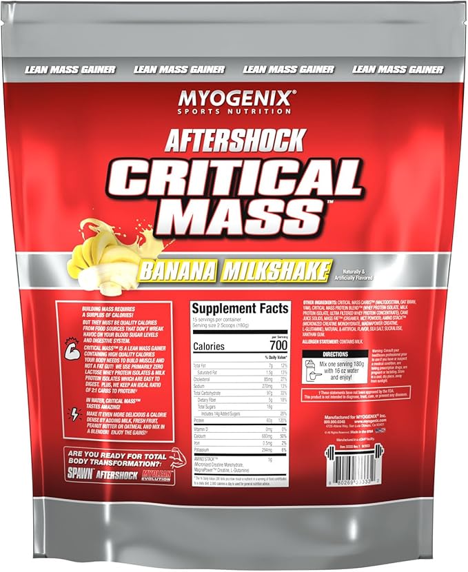 Myogenix Critical Mass Gainer Supplement Aftershock Banana Milkshake Flavored Muscle Mass Weight Gain Supplement, Zero Lactose Weight Gainer Protein Powder, Anabolic Whey Protein (5.62 lbs)