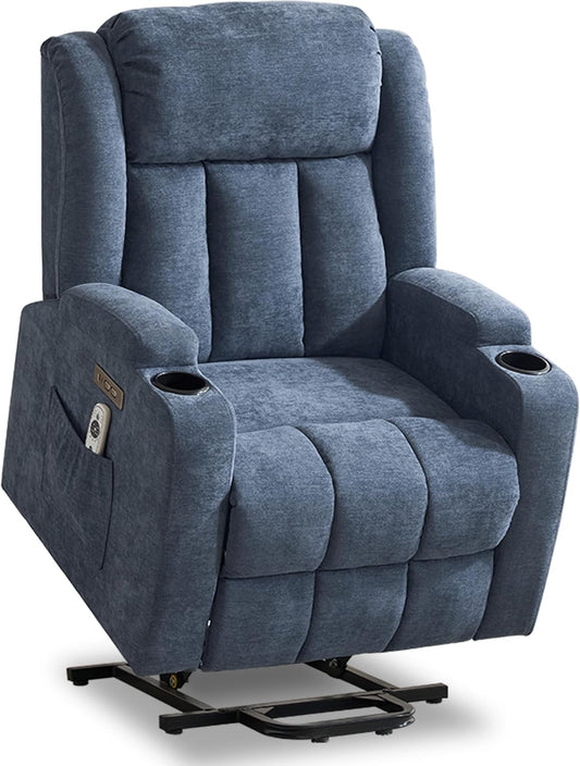 Power Lift Recliner Chair for Elderly with Massage and Heat, Recliner Chairs for Adults, Upgraded Fabric Reclining Sofa Chair with USB & Type-C Ports and Side Pockets, L1188 (Blue)