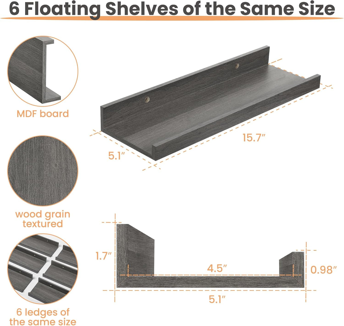 upsimples Floating Shelves for Wall, Wall Shelves for Decor Storage Set of 6, Wall Mounted Wood Shelf for Bedroom, Living Room, Bathroom, Kitchen, Picture Ledge Shelf, Grey