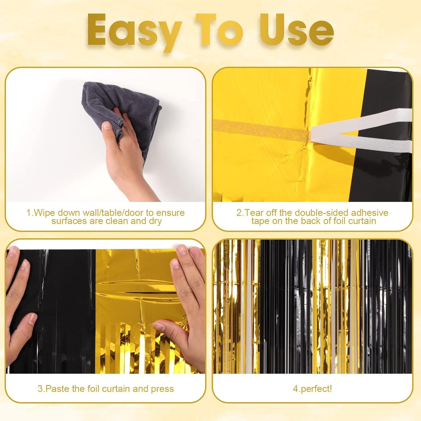 3 Pack 3.3x8.2 Feet Black and Gold Foil Fringe Backdrop Curtains, Tinsel Streamers Birthday Party Decorations, Fringe Backdrop for Graduation, Baby Shower, Gender Reveal, Disco Party
