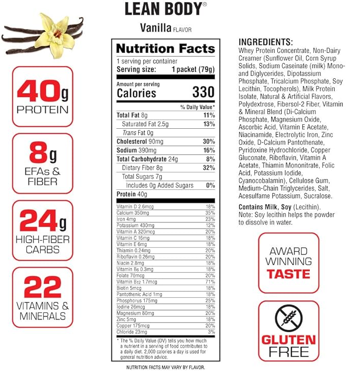 Labrada Lean Body MRP All-In-One Vanilla 40g Protein, 8g Healthy 22 Vitamins (42 Packets)