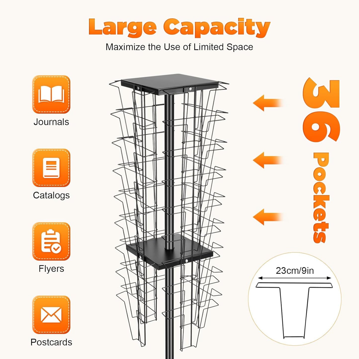 Cashewnuts 36 Pockets Rotating Magazine Rack Floor Standing 360 Degrees Rotating Brochure Display Stand Metal Literature Book Storage for Brochures, CD, DVD, 5.28ft Height