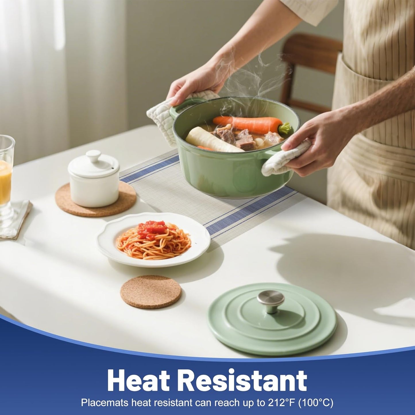 Placemats Set of 8,Non-Slip PVC Weave Table Mats Easy to Clean,Heat Resistant Place Mats for Kitchen Dining Table Decoration Indoor Outdoor,Khaki Blue