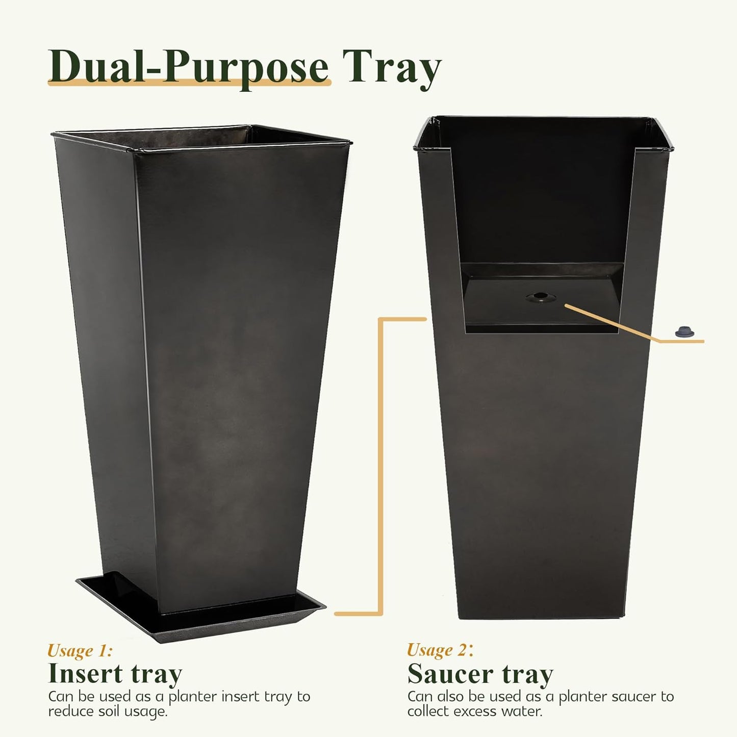 WORTH Garden 28" Large Metal Glazed Planter Set of 2, Luxurious Glossy Finish Black Tall Square Tapered Steel Plant Pots, Decor Flower Pot Indoor & Outdoor, Drainage Hole & Dual-Purpose Plant Saucer