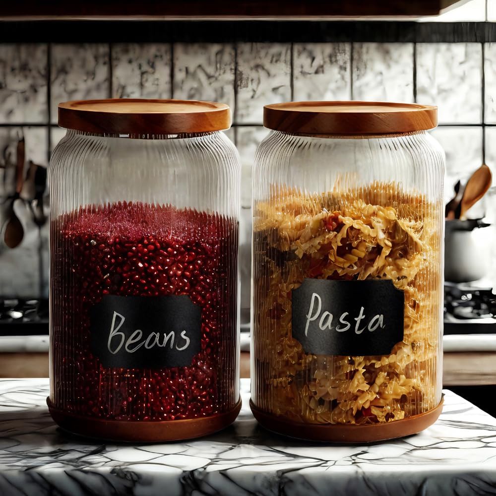 SAIOOL 2-Pack Striped Borosilicate Glass Airtight Canisters - Big mouth Large Capacity, Acacia Wood Lid, Food Storage Jars for Flour, Pasta, Pantry Organization (1 Gallon (2 Striped pack))