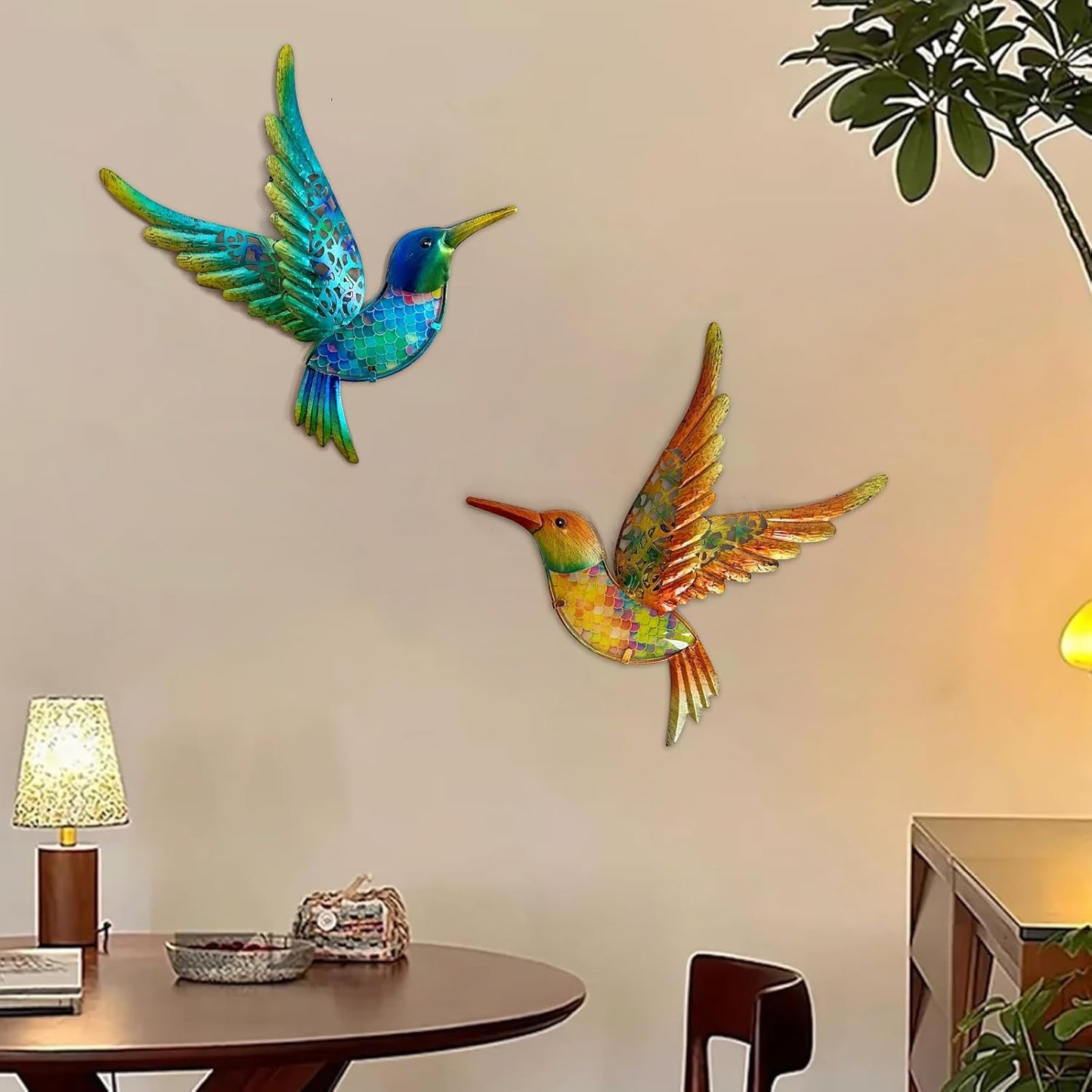 HONGLAND Metal Hummingbird Wall Art 12inch Metal Birds Wall Sculpture Garden Decoration Outdoor Statue Patio Fence Hanging Plaques 2 Pack(Multicolor)