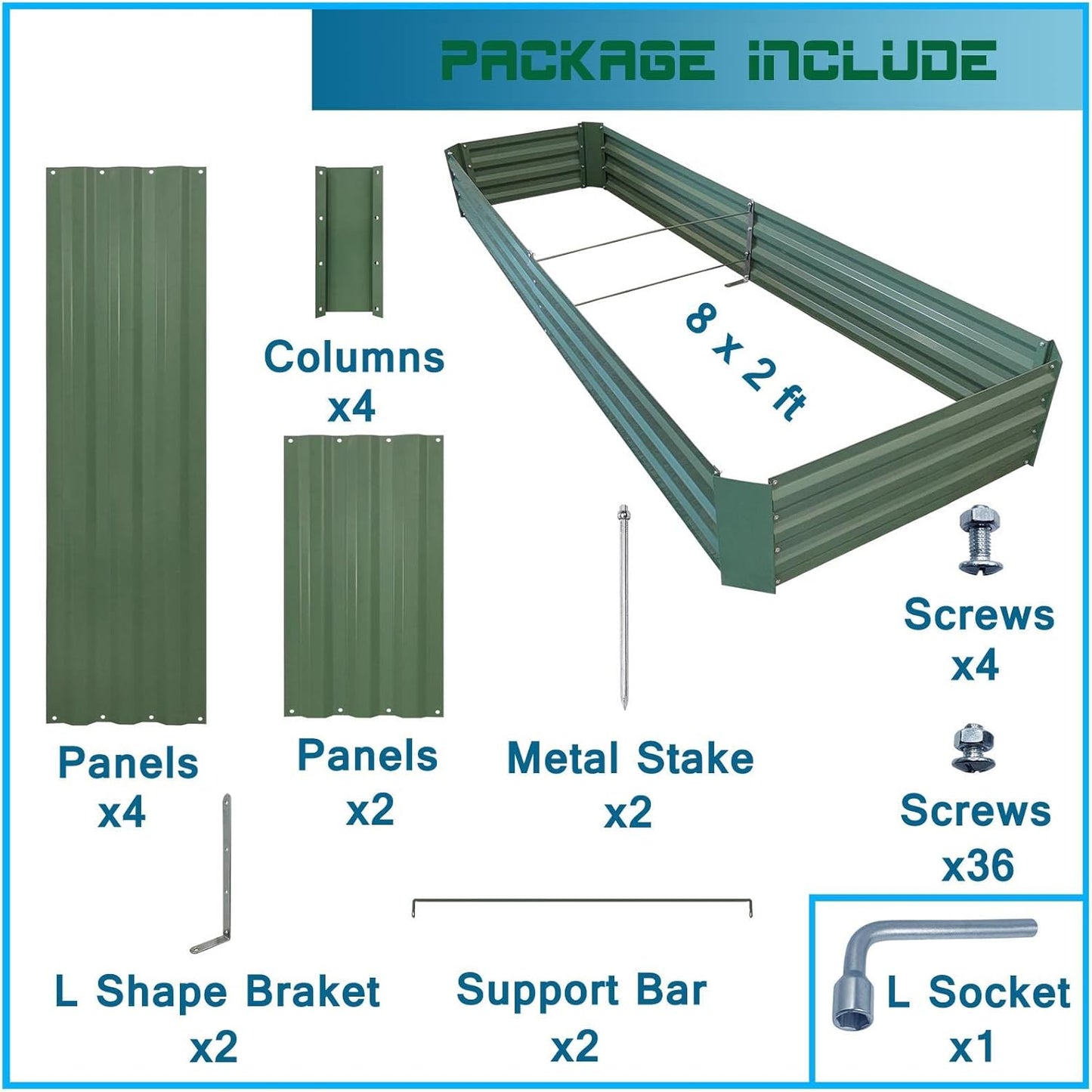 8x2x1ft Metal Raised Garden Bed Kit,Galvanized Garden Bed Box for Vegetables, Flowers, Herbs, and Succulents,120 Gallon Capacity - Green