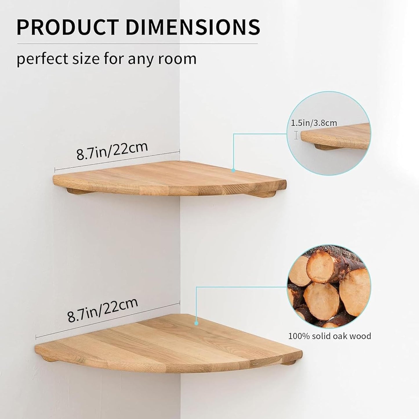 Corner Shelves, Floating Corner Shelf, Set of 2 Solid Oak Wood Wall Shelves, Round End Wall Mount with Wire Hole Shelving for Small Plant for Bedroom Kitchen, Living Room 8.7“