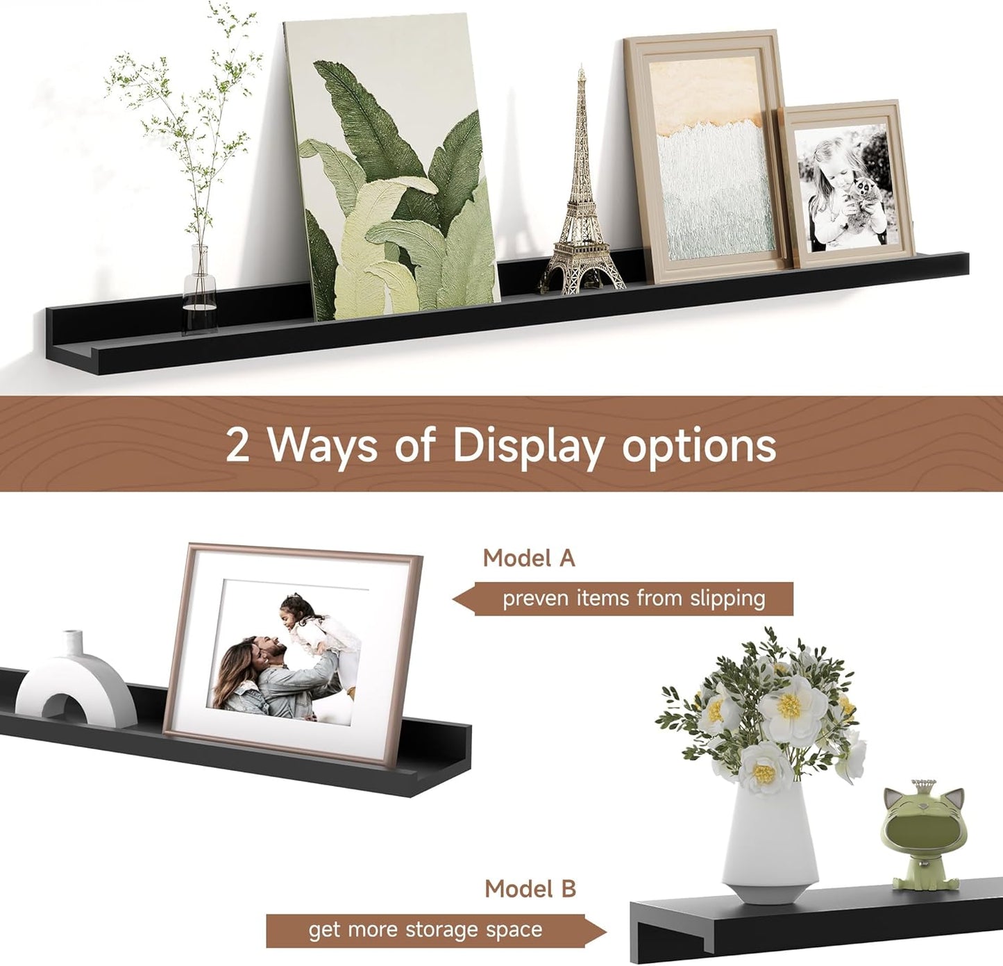 Picture Ledge Shelf for Wall, Floating Shelves Set of 4, 36 Inch Long Nursery Book Shelves for Toys Storage, Kids Bookshelf Wall Mounted for Books Photo Frames, Black