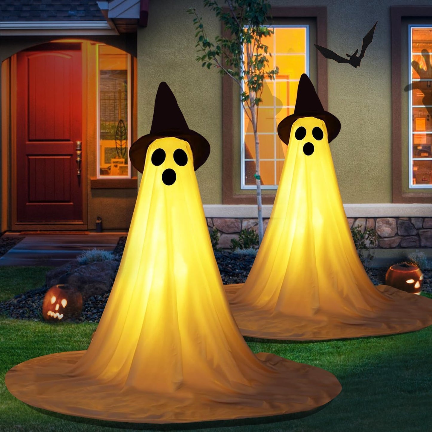 2 Packs Halloween Ghost Outdoor Decorations, 59โ Light Up Ghost Decor with Remote Control, Adjustable Height Standing Halloween Lighted Ghost Kit with Witch Hat Ideal for Porch, Garden, Yard