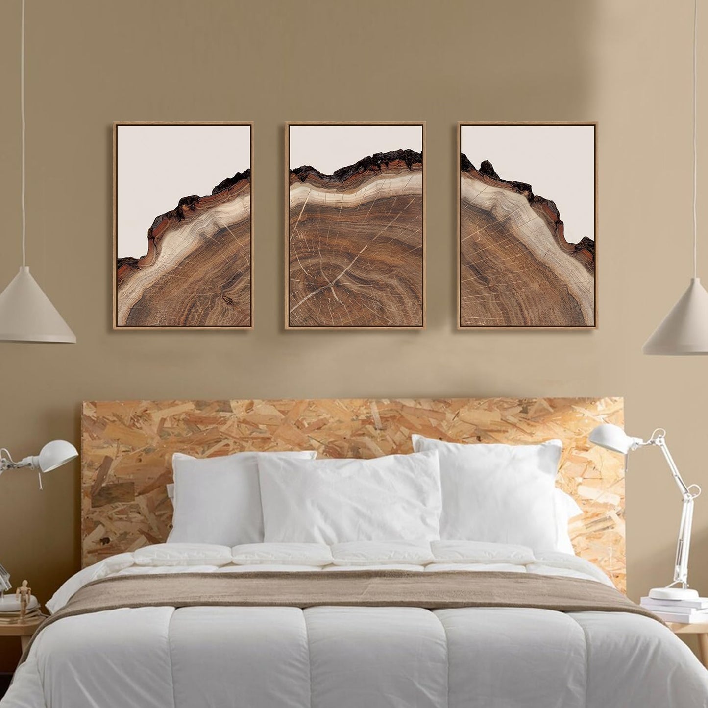 HPINUB Framed Tree Rings Wood Wall Art Set, Modern Beige Wood Stump Wall Decor, Abstract Black and Gray Tree Spiral Wall Painting, Nature-Inspired Art Print for Living Room, Bedroom, Office-24"x36"x3