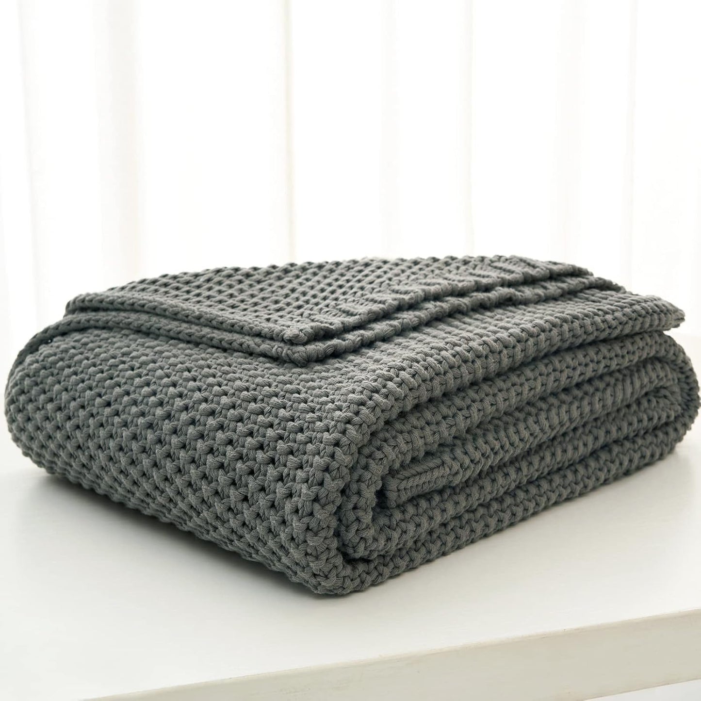 Longhui bedding Chunky Cable Knit Throw Blanket Lightweight Grey 100% Organic Cotton Blanket for Sofa Couch Bed Baby Nursery, Rustic Shabby Chic Modern Farmhouse, Gray 60” x 80” Give Laundering Bag