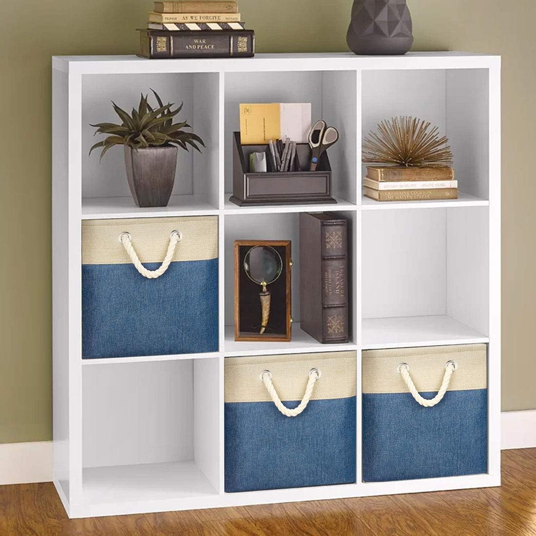 i BKGOO 3Pack Large Foldable Storage Bins,Collapsible Sturdy Cationic Fabric Organizing Storage Basket Cube with Cotton Handles for Home Office Shelf Clothes Toys Khaki-Blue 13×13×13 inch