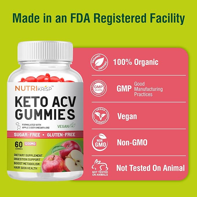 Organic Keto ACV Gummy for Weight Loss - Sugar & Gluten Free Apple Cider Vinegar Diet Supplement for Fat Burn - Support Digestion Metabolism Hair Skin for Men Women (1200MG)