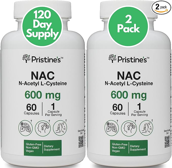 PRISTINE'S N-Acetyl L-Cysteine (NAC) 600MG (2 Pack) Immunity Support Supplement - 120-Day Supply - Potent Lung & Liver Antioxidant Supplement Capsules - Mood Support - Vegan, Glutern Free, Non GMO