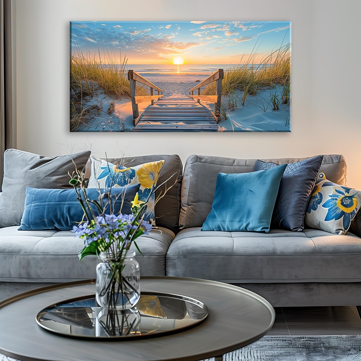 LASMOND Beautiful White Sandy Beach Pier by Seaside at Sunset Landscape Wall Art Decor Artwork for Bedroom Living Room (58x28Inches)