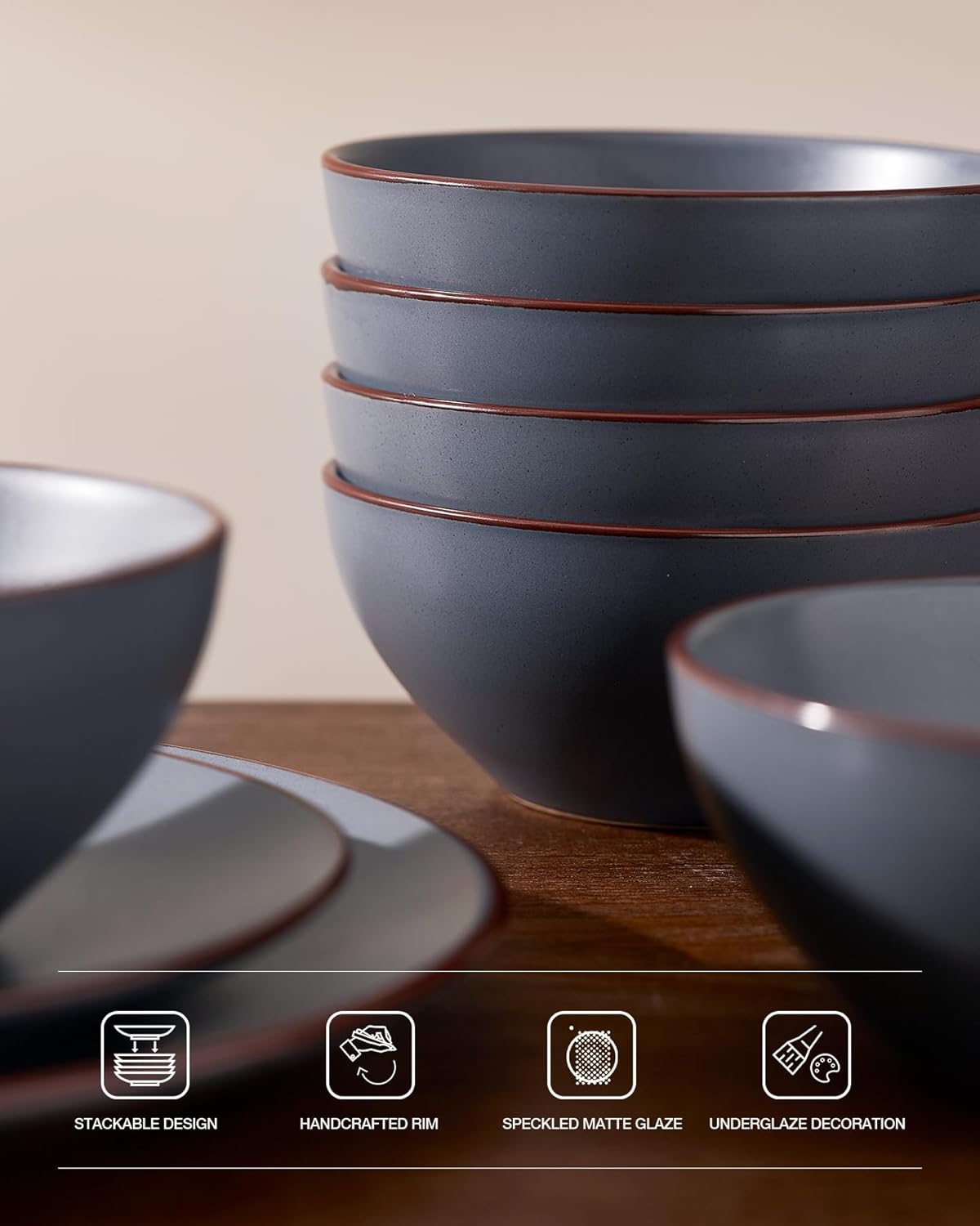 Famiware Venus Plates and Bowls Sets, 18 Pieces Stoneware Dinnerware Sets, Speckled Dishes Set for 6, Microwave and Dishwasher Safe, Matte Charcoal