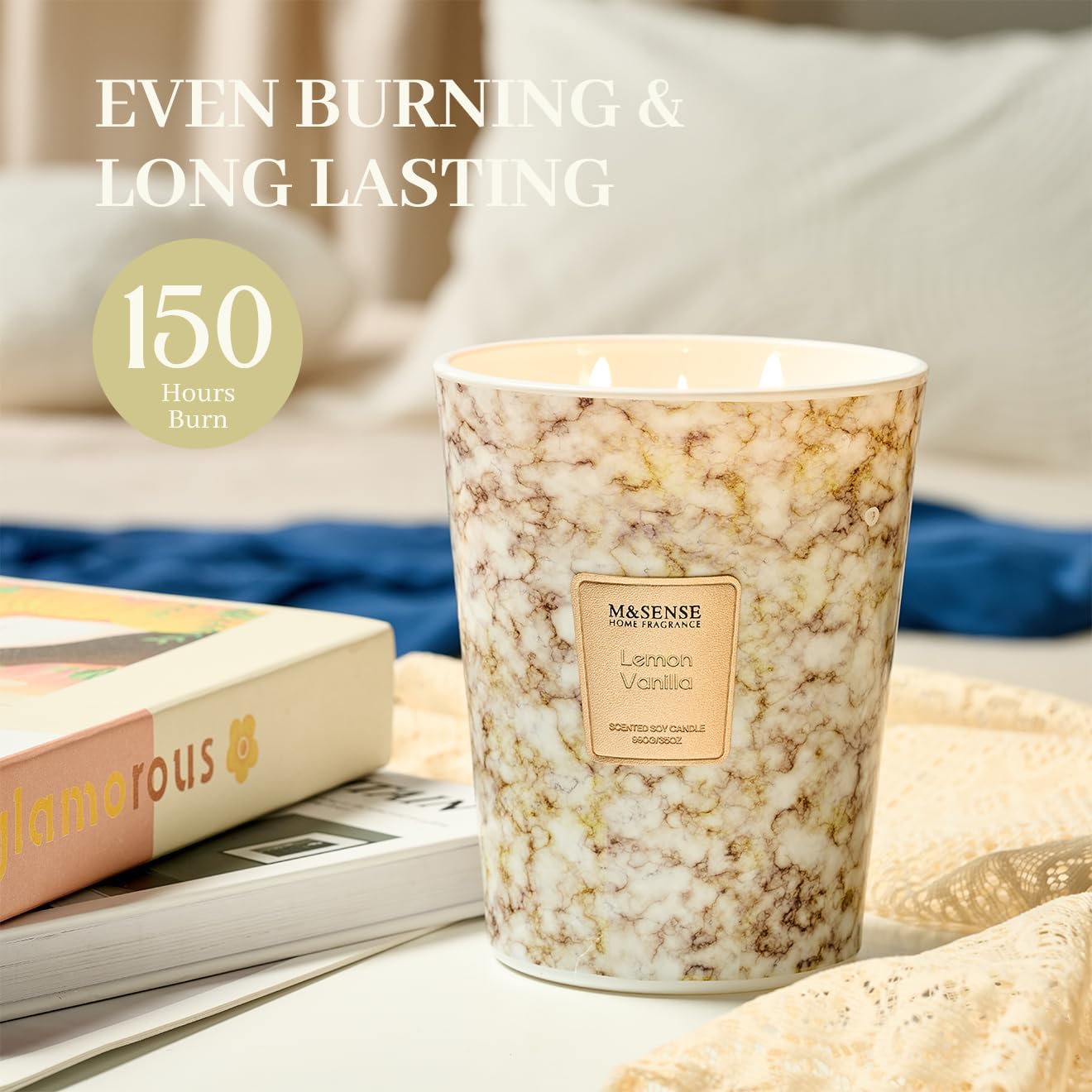 M&SENSE Sugared Lemon Zest Scented Candles for Home, 3-Wick Highly Scented Jar Candles, Extra Large Candle 35 Oz 150 Hours Long Lasting Burning, Relaxing Aromatherapy Candle for Stress Relief